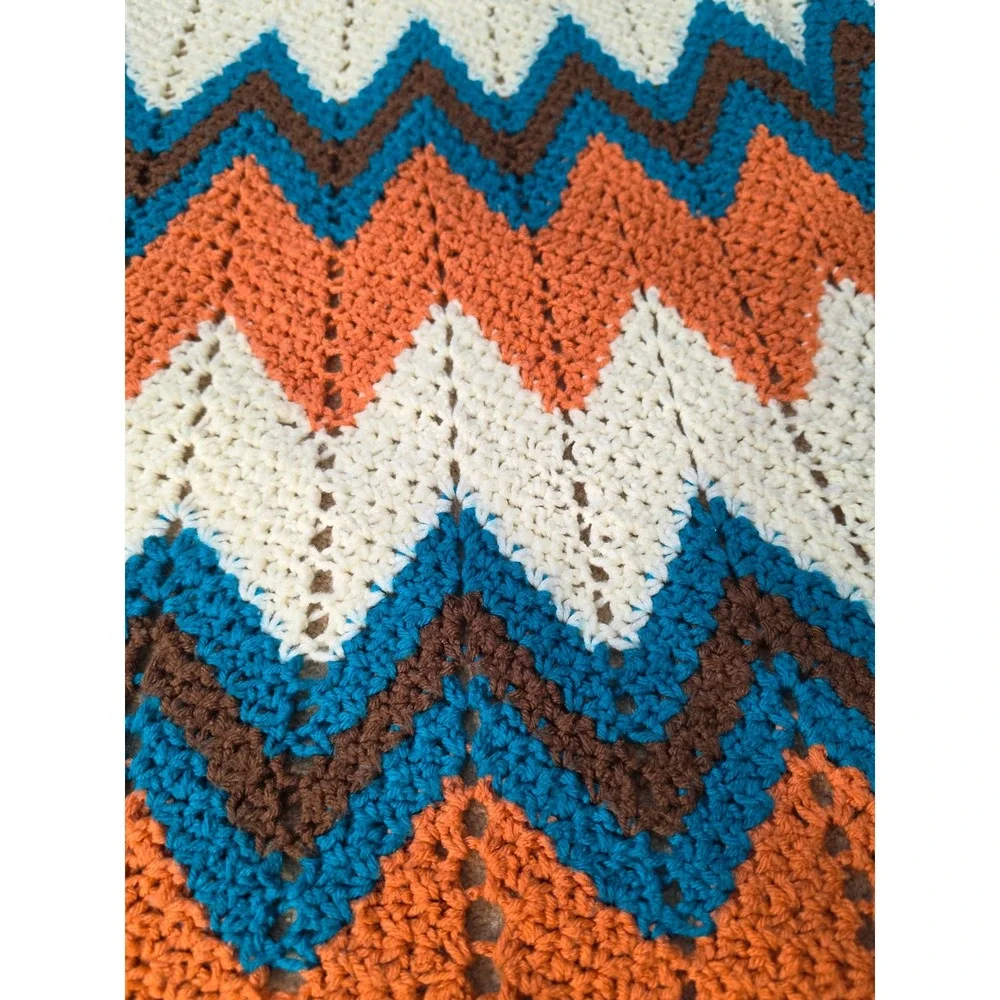 Vintage Handmade Crochet Afghan Blanket Orange Teal Brown Chevron Ripple 43x83